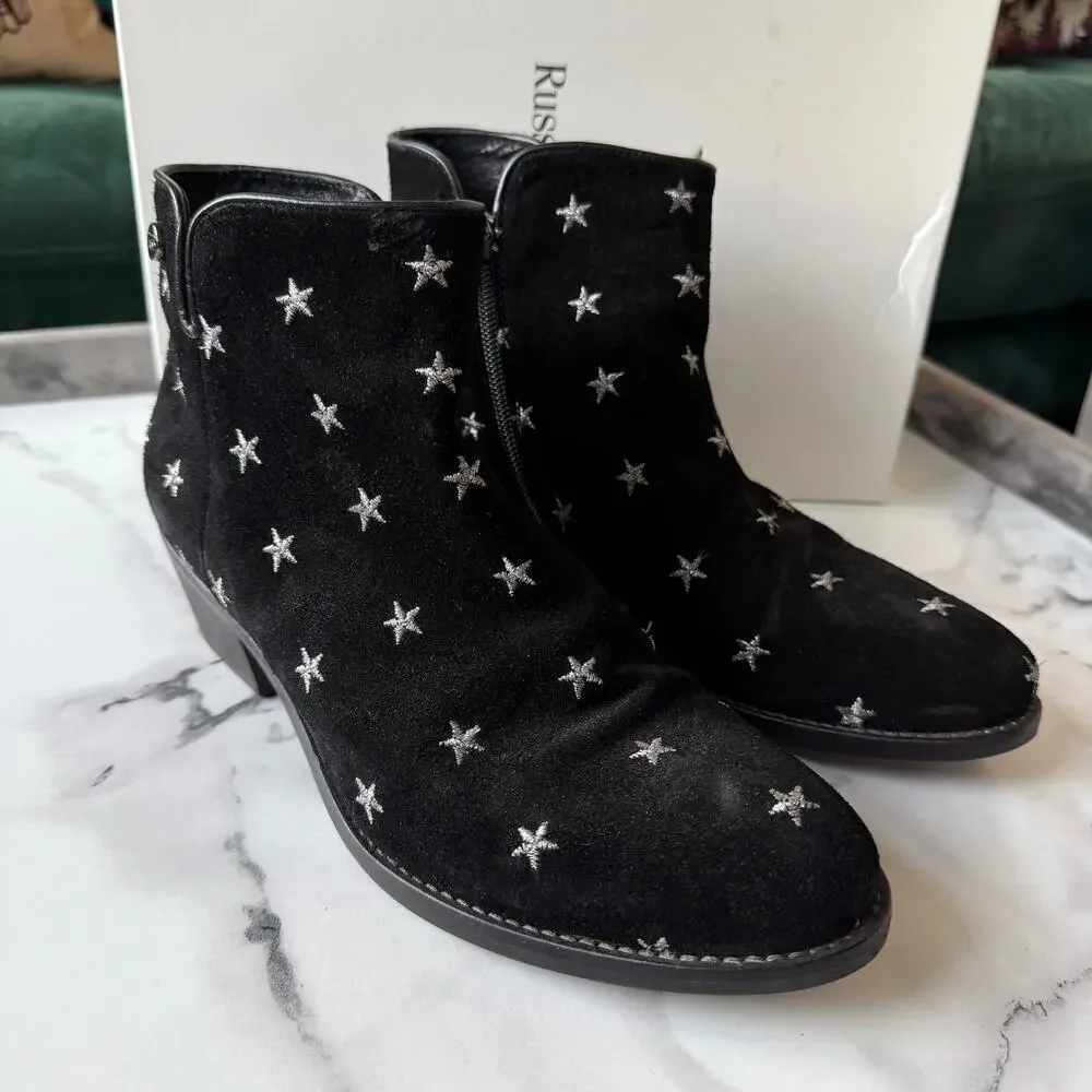 Russell & Bromley Stardom Embroidered Black Suede Western Ankle Boots